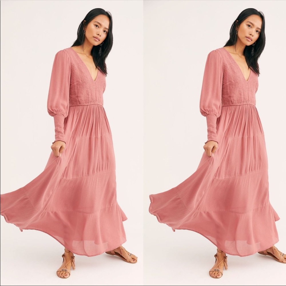 Free People Endless Summer Wednesday Smocked Back Lace Up Maxi Dress Rose SZ S
